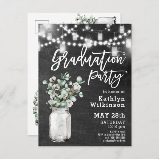 Elegant Eucalyptus Mason Jar Afstuderen Invitation Briefkaart (Voorkant / Achterkant)