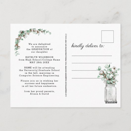 Elegant Eucalyptus Mason Jar Afstuderen Invitation Briefkaart (Achterkant)