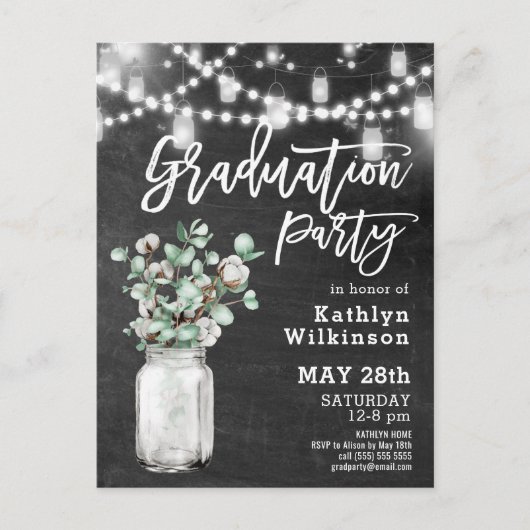 Elegant Eucalyptus Mason Jar Afstuderen Invitation Briefkaart (Voorkant)