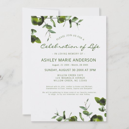 Elegant Eucalyptus Memorial Celebration of Life Kaart (Voorkant)