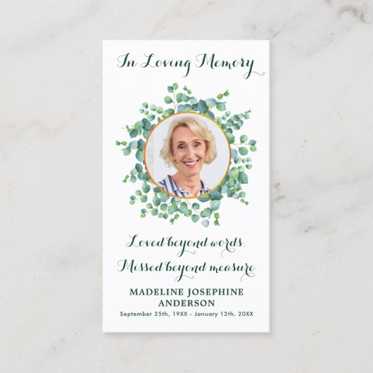 Elegant Eucalyptus Memorial Funeral Prayer Kaart Contactkaartje (Voorkant)