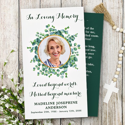 Elegant Eucalyptus Memorial Funeral Prayer Kaart Contactkaartje