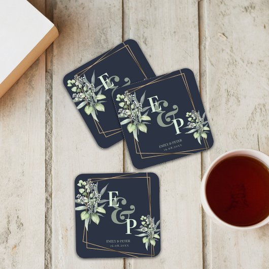 Elegant Eucalyptus Monogram Greenery Wedding Party Kartonnen Onderzetters