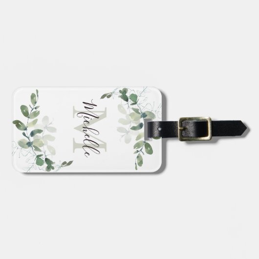 Elegant Eucalyptus Monogram Naam Bagagelabel (Voorkant horizontaal)