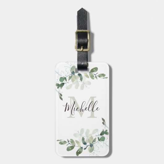 Elegant Eucalyptus Monogram Naam Bagagelabel (Voorkant verticaal)