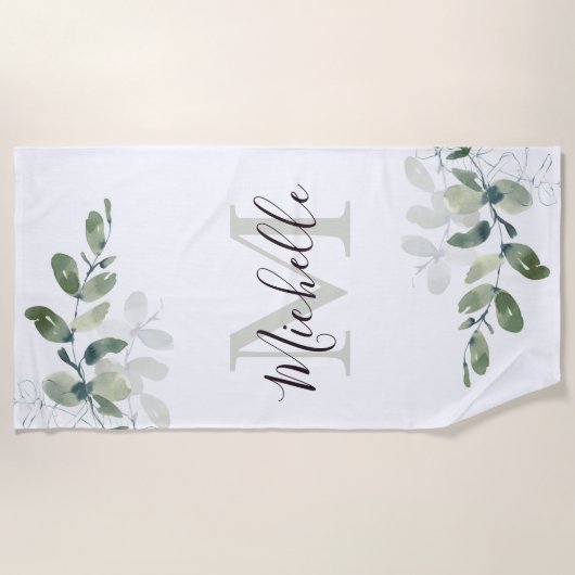 Elegant Eucalyptus Monogram Naam Strandlaken (Voorkant)
