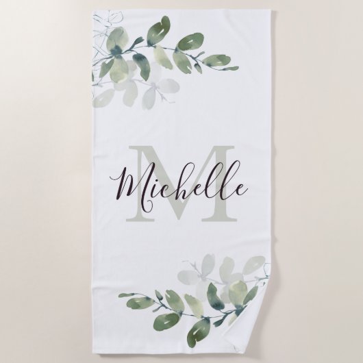 Elegant Eucalyptus Monogram Naam Strandlaken (Voorkant)