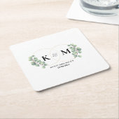 elegant eucalyptus monogram trouwdag kartonnen onderzetters (Schuin)