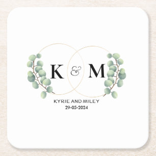elegant eucalyptus monogram trouwdag kartonnen onderzetters