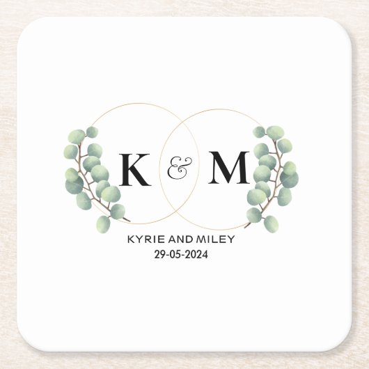 elegant eucalyptus monogram trouwdag kartonnen onderzetters (Voorkant)
