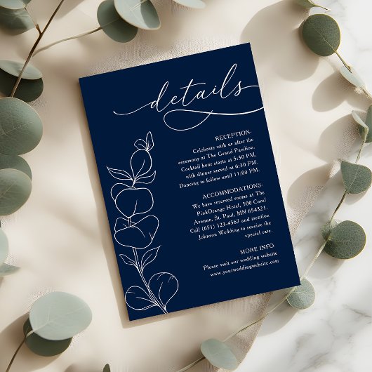 Elegant Eucalyptus Navy Blue Wedding Details Informatiekaartje