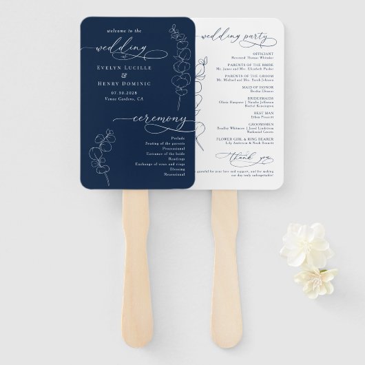 Elegant Eucalyptus Navy Blue Wedding Program Handwaaier (Voorkant en achterkant)