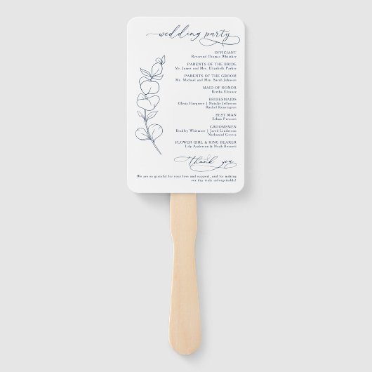 Elegant Eucalyptus Navy Blue Wedding Program Handwaaier (Achterkant)