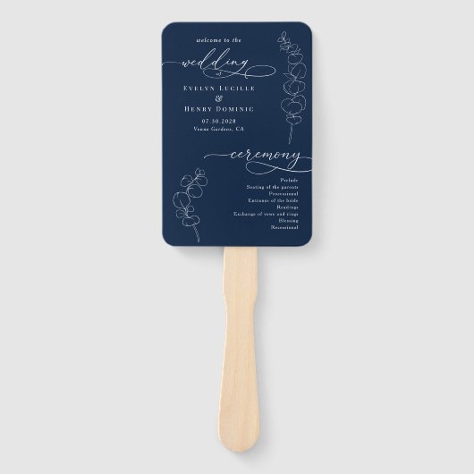 Elegant Eucalyptus Navy Blue Wedding Program Handwaaier (Voorkant)