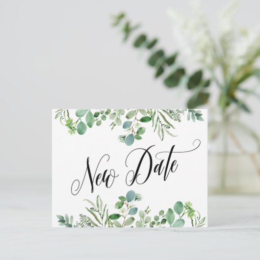 Elegant Eucalyptus New Date Postponed Weddenschap Briefkaart (Staand voorkant)