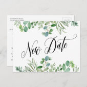 Elegant Eucalyptus New Date Postponed Weddenschap Briefkaart (Voorkant / Achterkant)
