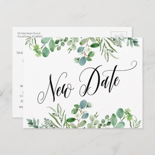 Elegant Eucalyptus New Date Postponed Weddenschap Briefkaart (Voorkant / Achterkant)