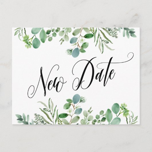 Elegant Eucalyptus New Date Postponed Weddenschap Briefkaart (Voorkant)