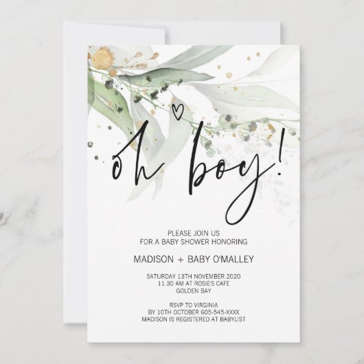 Elegant Eucalyptus Oh Boy Baby shower Party Kaart (Voorkant)