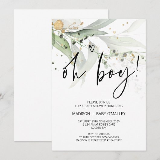 Elegant Eucalyptus Oh Boy Baby shower Party Kaart (Voorkant / Achterkant)