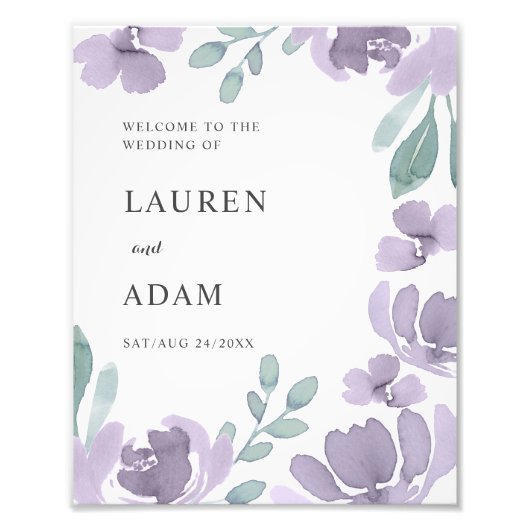 Elegant Eucalyptus & Paarse Bloemige Trouwtekstbor Foto Afdruk (Voorkant)