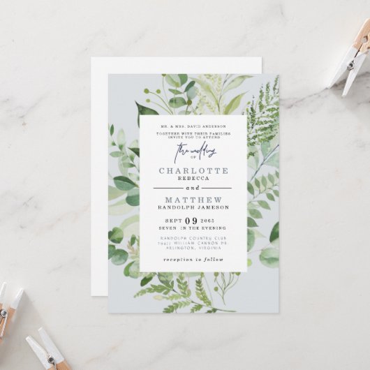 Elegant Eucalyptus Parents Dusty Blue Wedding Inv Kaart (Voorkant / Achterkant in situ)