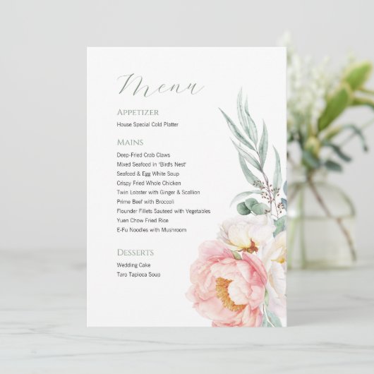 Elegant Eucalyptus Peonies Wedding Menu (Staand voorkant)