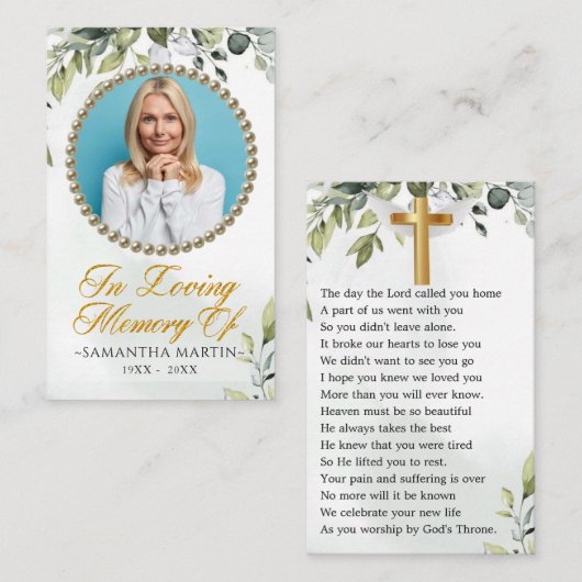 Elegant Eucalyptus Photo Funeral Prayer Kaart Visitekaartje (Voorkant / Achterkant)