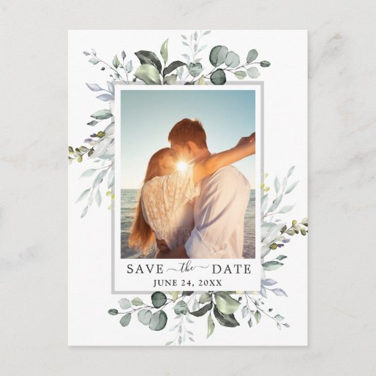 Elegant Eucalyptus PHOTO Weddenschap Save the Date Aankondigingskaart (Voorkant)