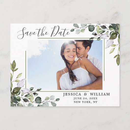Elegant Eucalyptus PHOTO Weddenschap Save the Date Aankondigingskaart (Voorkant)