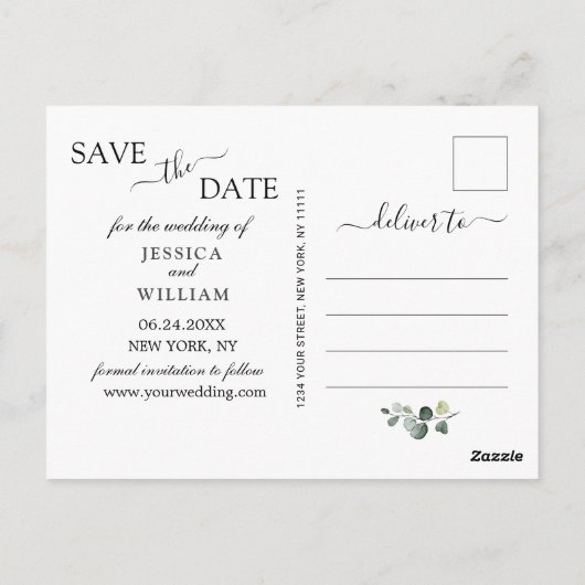 Elegant Eucalyptus PHOTO Weddenschap Save the Date Briefkaart (Achterkant)