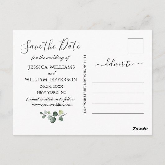 Elegant Eucalyptus PHOTO Weddenschap Save the Date Briefkaart (Achterkant)