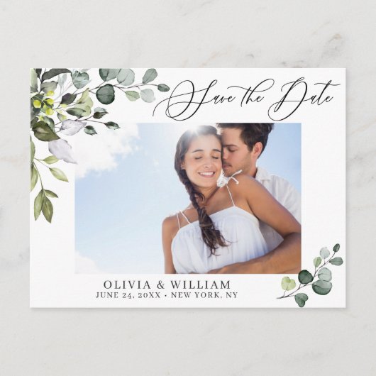 Elegant Eucalyptus PHOTO Weddenschap Save the Date Briefkaart (Voorkant)