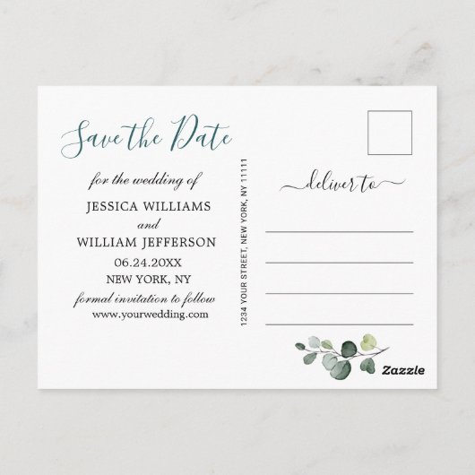 Elegant Eucalyptus PHOTO Weddenschap Save the Date Briefkaart (Achterkant)