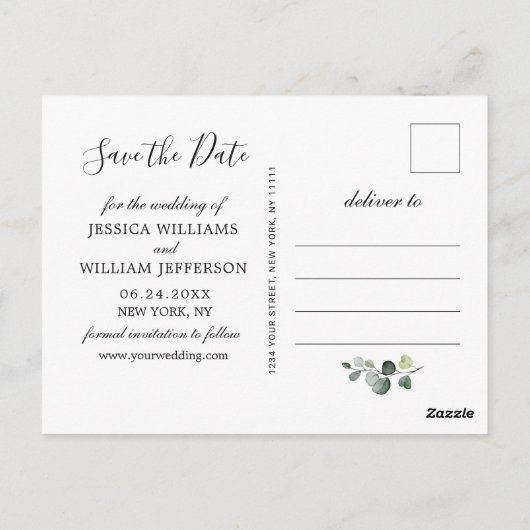 Elegant Eucalyptus PHOTO Weddenschap Save the Date Briefkaart (Achterkant)