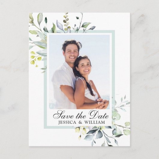 Elegant Eucalyptus PHOTO Weddenschap Save the Date Briefkaart (Voorkant)