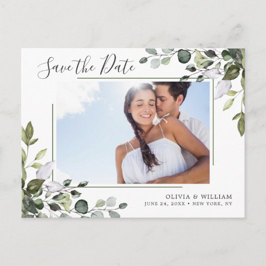 Elegant Eucalyptus PHOTO Weddenschap Save the Date Briefkaart (Voorkant)