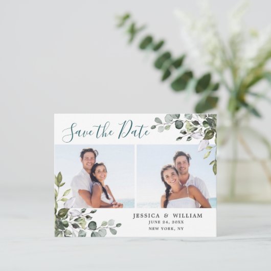 Elegant Eucalyptus PHOTO Weddenschap Save the Date Briefkaart (Staand voorkant)