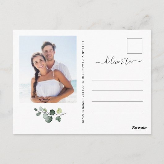 Elegant Eucalyptus PHOTO Weddenschap Save the Date Briefkaart (Achterkant)
