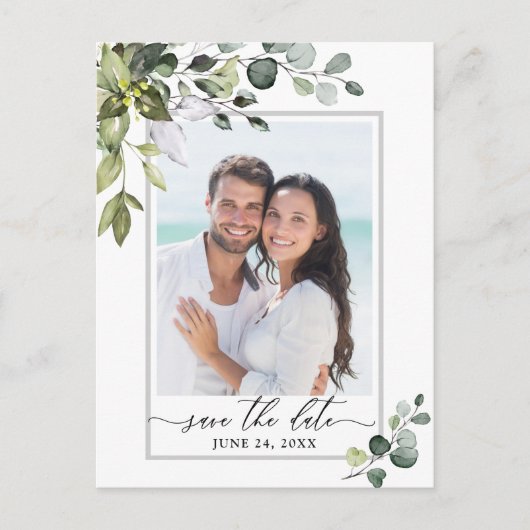 Elegant Eucalyptus PHOTO Weddenschap Save the Date Briefkaart (Voorkant)