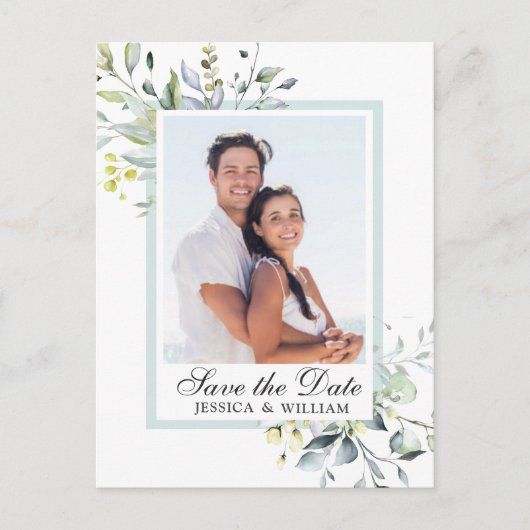 Elegant Eucalyptus PHOTO Weddenschap Save the Date Briefkaart (Voorkant)