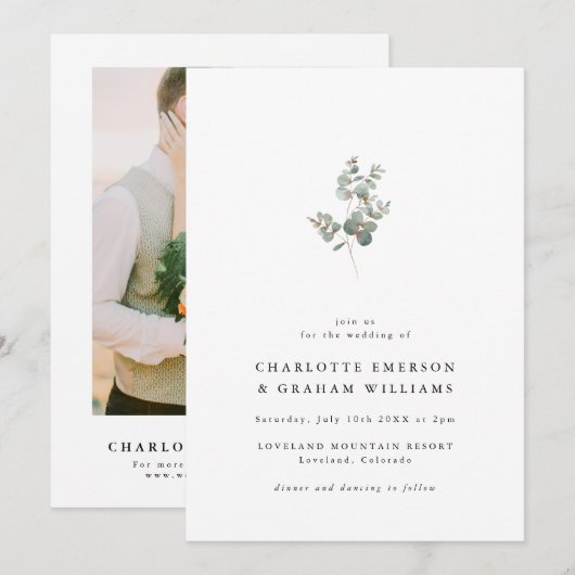 Elegant Eucalyptus Photo Wedding Kaart (Voorkant / Achterkant)