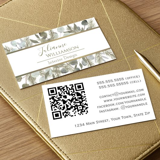 Elegant Eucalyptus & Pine Sage & Gold QR-code Visitekaartje