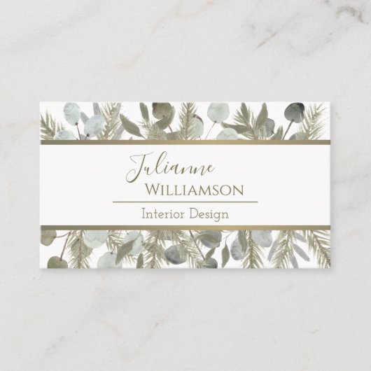 Elegant Eucalyptus & Pine Sage & Gold QR-code Visitekaartje (Voorkant)