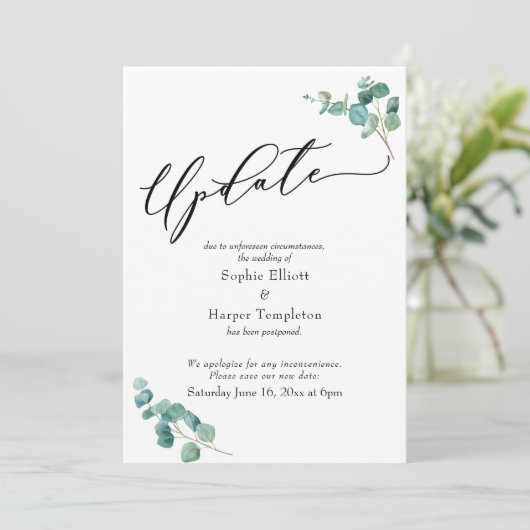 Elegant Eucalyptus Postponed Wedding Update Card Kaart (Staand voorkant)