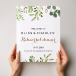 Elegant Eucalyptus Rehearsal-diner Welkom Poster<br><div class="desc">Dit elegante eucalyptusrepetitieve welkome poster is perfect voor een tropisch repetitief diner. Het ontwerp bevat ambachtelijk met de hand geschilderde,  mooie eucalyptusgroene bladeren die in geometrische vormen zijn gerangschikt,  die de natuurlijke schoonheid inspireren.</div>