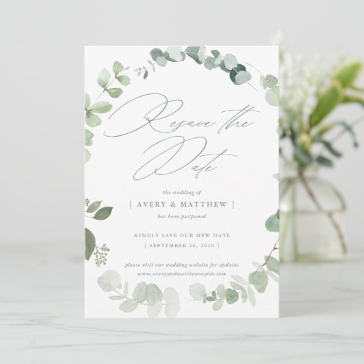Elegant Eucalyptus resave the Date Wedding Aankondiging (Staand voorkant)