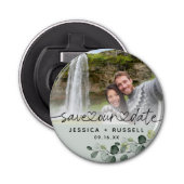 Elegant Eucalyptus Save Our Date Photo Wedding Button Flesopener (Voorkant)