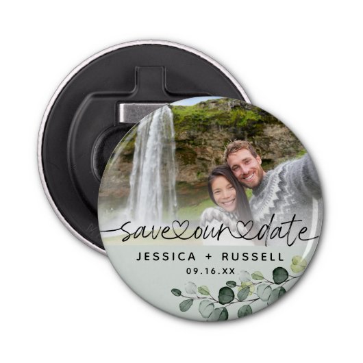 Elegant Eucalyptus Save Our Date Photo Wedding Button Flesopener (Voorkant)