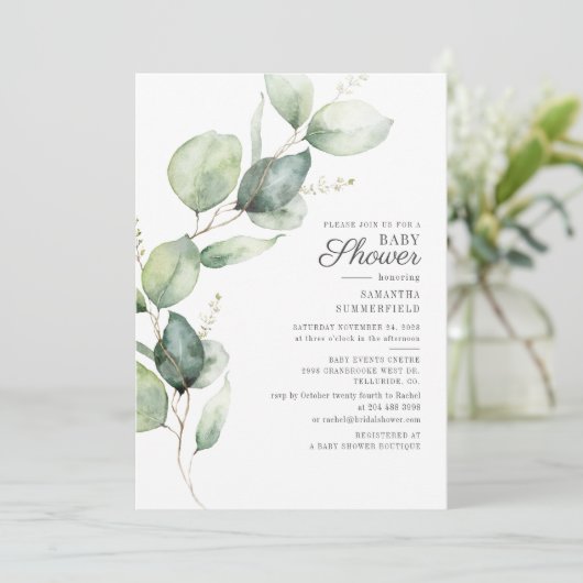 Elegant Eucalyptus Script Baby shower Kaart (Staand voorkant)